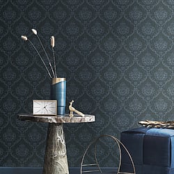 Galerie Wallcoverings Product Code 23649 - Classic Italian Wallpaper Collection - Blue Colours - A damask with a stylised, contemporary edge. Less floral and more geometric, but still with the overall traditional sumptuousness of a classic damask.  Design