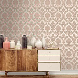 Galerie Wallcoverings Product Code 25724 - Classic Italian Wallpaper Collection - Pink Colours - A traditional damask on a woven effect background, giving a classical, formal edge to any interior scheme Design