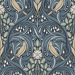 Galerie Wallcoverings Product Code ET12212 - Arts and Crafts Wallpaper Collection - Blue Olive Beige Colours - Bird Scroll Design