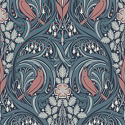Galerie Wallcoverings Product Code ET12222 - Arts and Crafts Wallpaper Collection - Blue Coral Colours - Bird Scroll Design