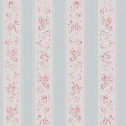 Galerie Wallcoverings Product Code MC61051 - Maison Charme Wallpaper Collection - Blue, Pink, White Colours - If you're after a romantic vintage floral design - look no further. Not only does this beautiful design feature endless upward bouquets of country roses; in a wide stripe motif the design also combines a cute polka dot with an intricate lace overlay for a true trip down memory lane - in rose tinted glasses! Design