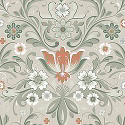 Galerie Wallcoverings Product Code S24108 - Sommarang 2 Wallpaper Collection - Beige, green Colours - Flowers with elegant swirls in perfect symmetry Design