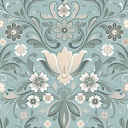 Galerie Wallcoverings Product Code S24111 - Sommarang 2 Wallpaper Collection - Turquoise Colours - Flowers with elegant swirls in perfect symmetry Design