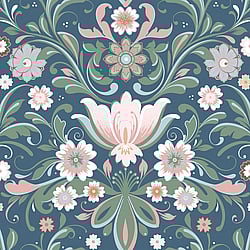 Galerie Wallcoverings Product Code S24114 - Sommarang 2 Wallpaper Collection - Blue Colours - Flowers with elegant swirls in perfect symmetry Design